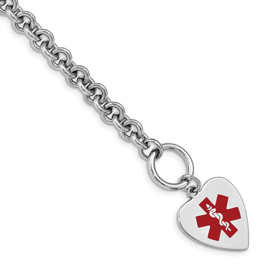 Sterling Silver RH-pltd Engraveable Enamel Heart Medical ID Bracelet 8.75 inches