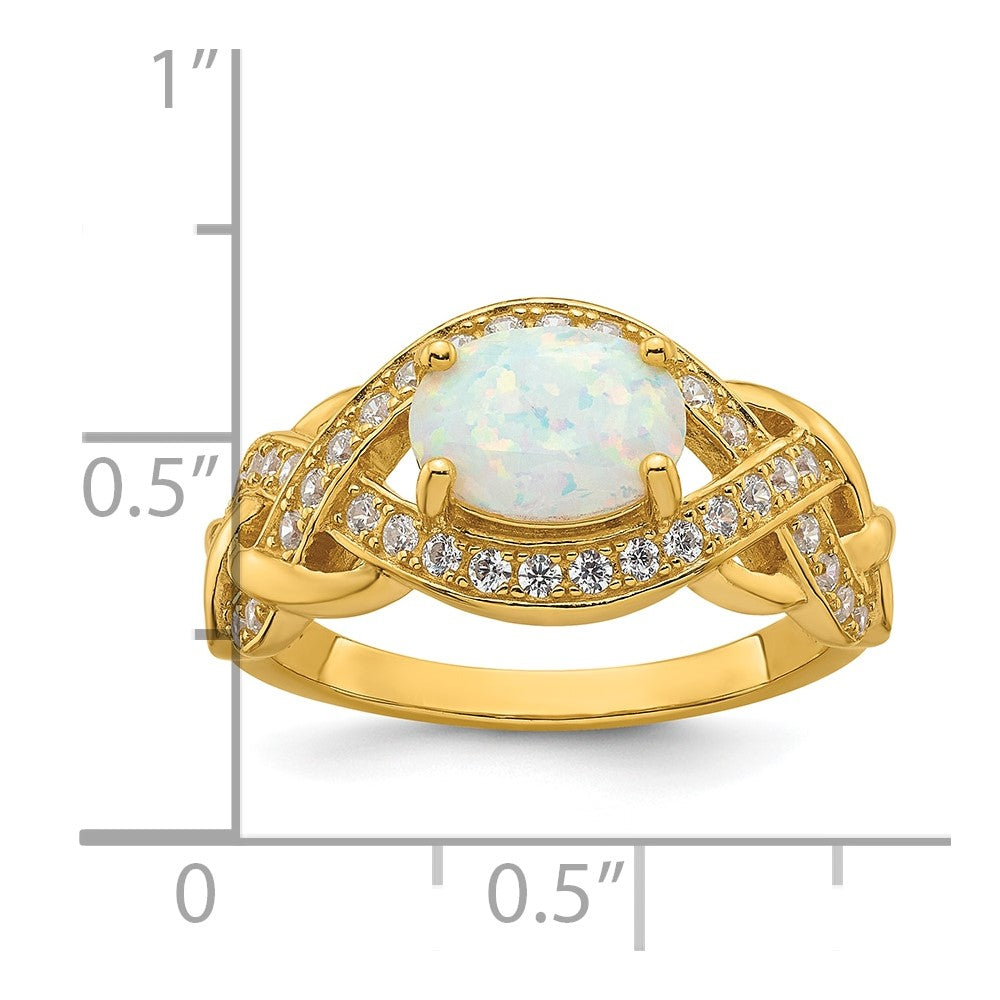 Sterling Silver Gold-tone Polished CZ and Lab Created Opal Size 7 Twisted Ring