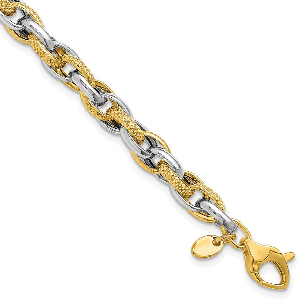 14K Two-tone Polished and Textured Fancy Link Bracelet 7.5  inches