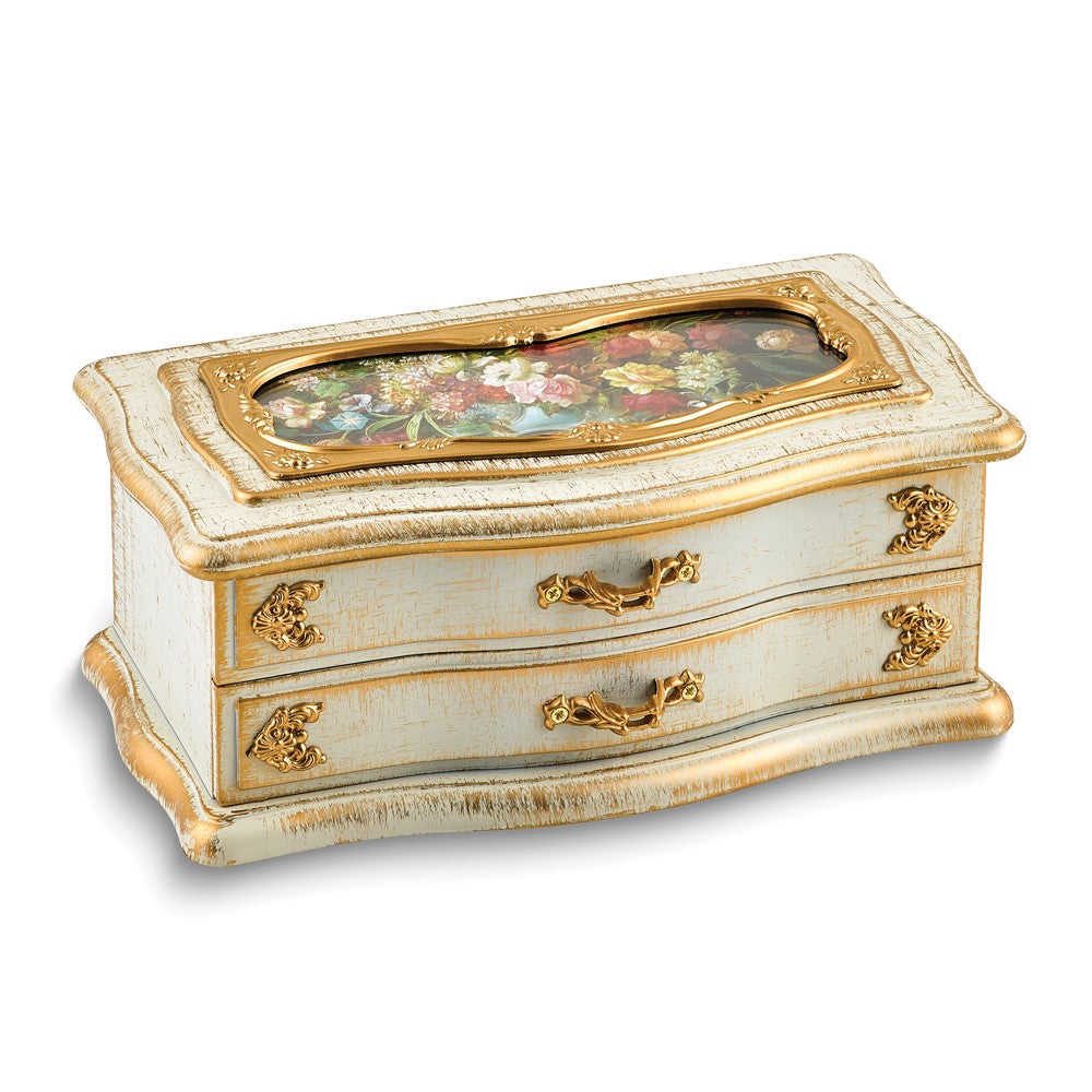 Antiqued White and Gold-tone Accent Floral Mirrored Musical Jewelry Box (Plays Fur Elise)