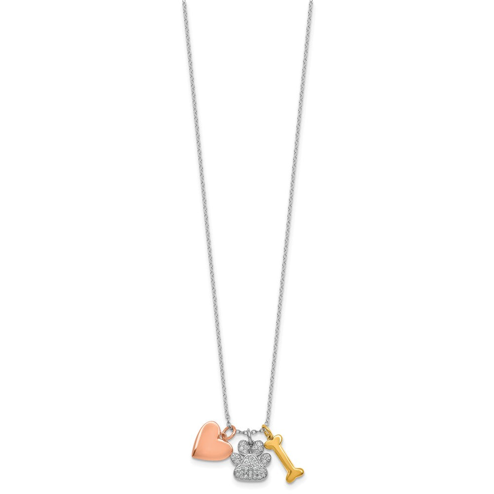 Sterling Silver Rose and Yellow Gold-plated Polished CZ Pawprint Heart and Bone 16 Inch with 2 Inch Extension Necklace 16 Inches