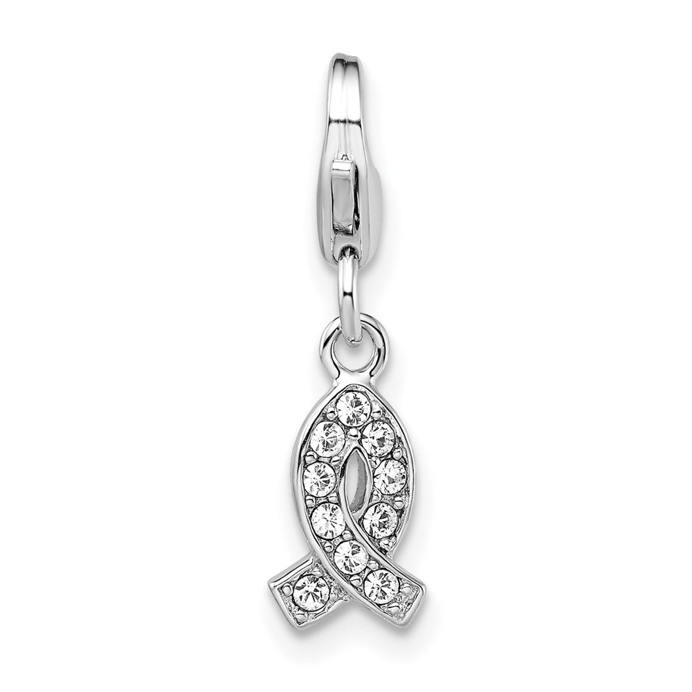 Amore La Vita Sterling Silver Rhodium-plated Polished Crystal Awareness Ribbon Charm with Fancy Lobster Clasp