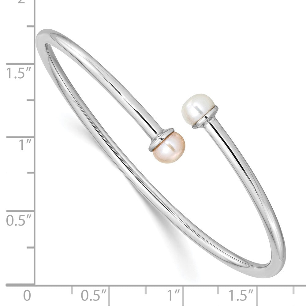 Sterling Silver Rhodium-plated 5-5.5mm Pink and White Button Freshwater Cultured Pearl Flexible Children's Bangle 6 inches