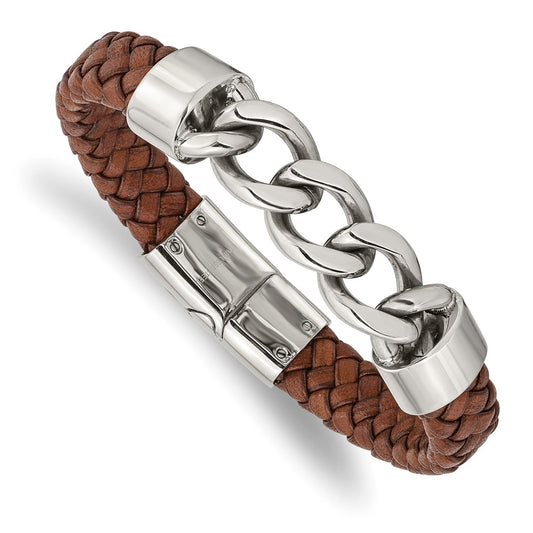 Stainless Steel Polished Chain and Brown Leather 8.25in Bracelet 8.25 inches