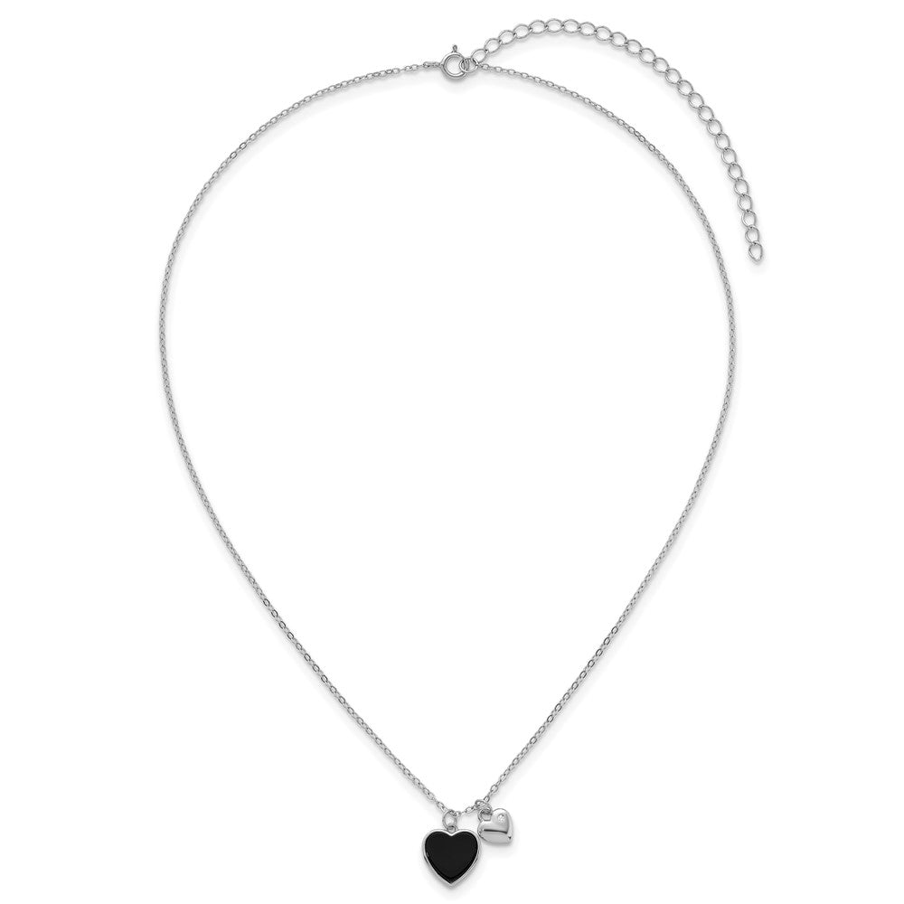 Sterling Silver Rhodium-plated Polished Onyx and CZ Hearts 14 Inch with 3 Inch Extension Children's Necklace 14 Inches