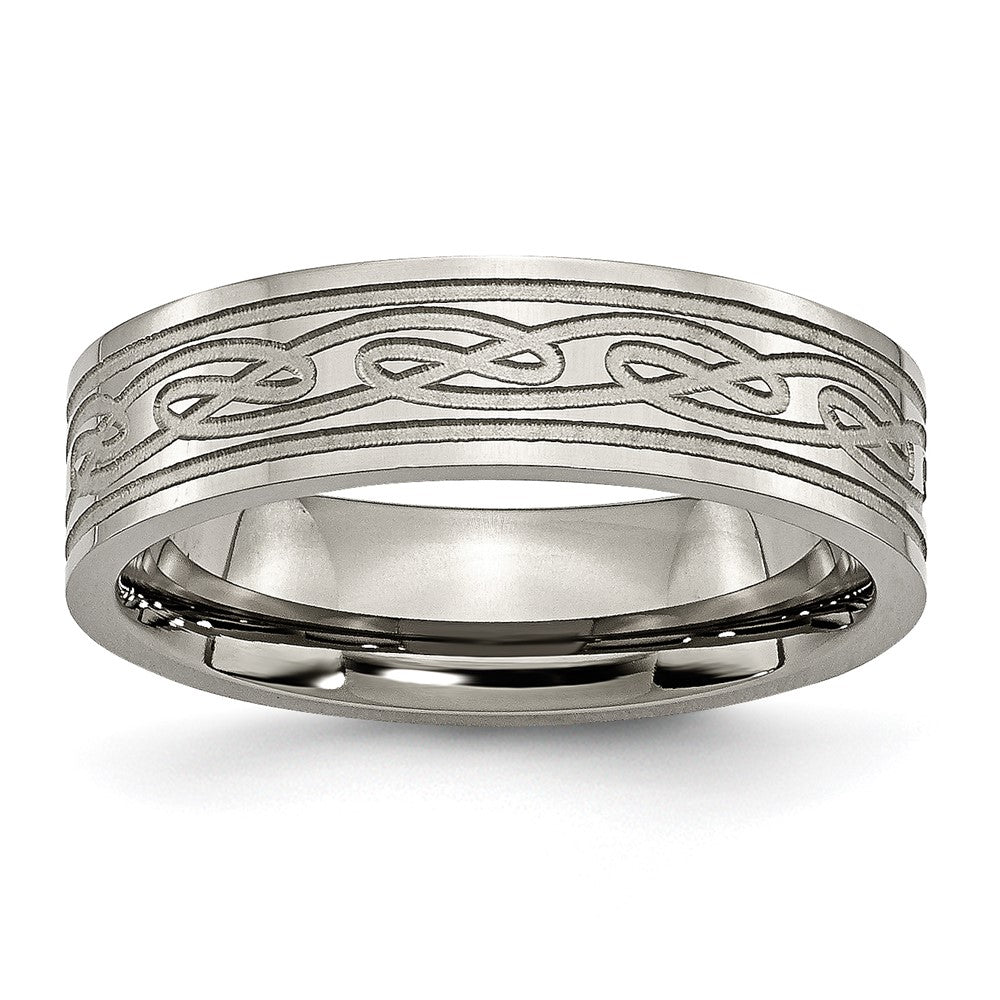 Titanium Polished Laser Etched 6mm Celtic Knot Flat Band Size - 13
