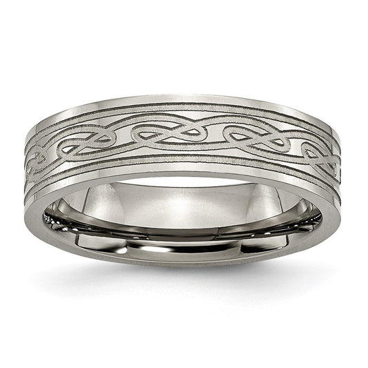 Titanium Polished Laser Etched 6mm Celtic Knot Flat Band Size - 13