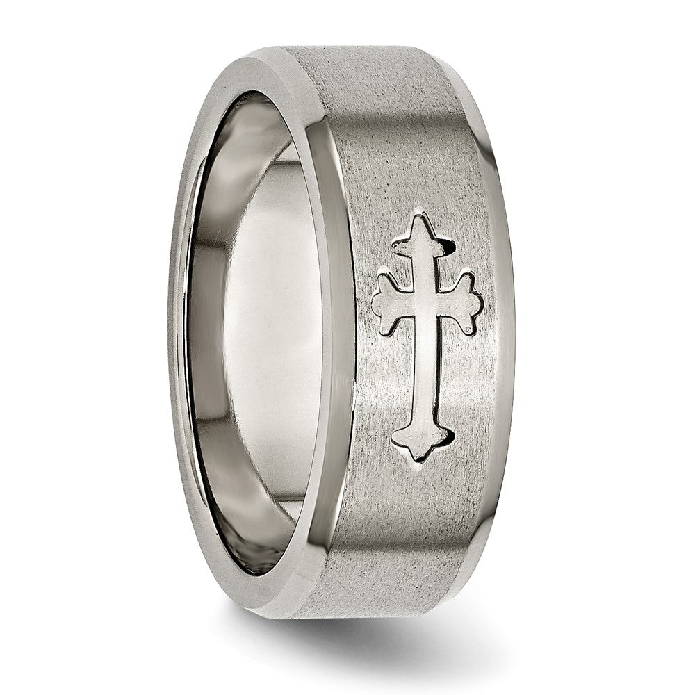 Titanium Brushed Center Cross Design 8mm Beveled Edge Band Size - 8