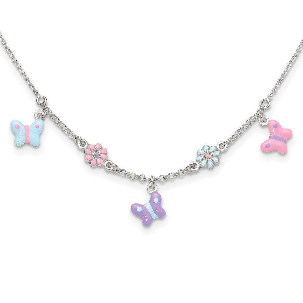 Sterling Silver Polished Enameled Floral & Butterfly Children's Necklace 14 Inches