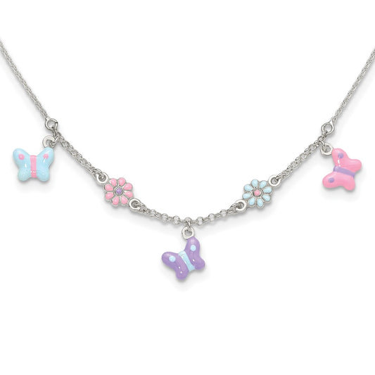 Sterling Silver Polished Enameled Floral & Butterfly Children's Necklace 14 Inches