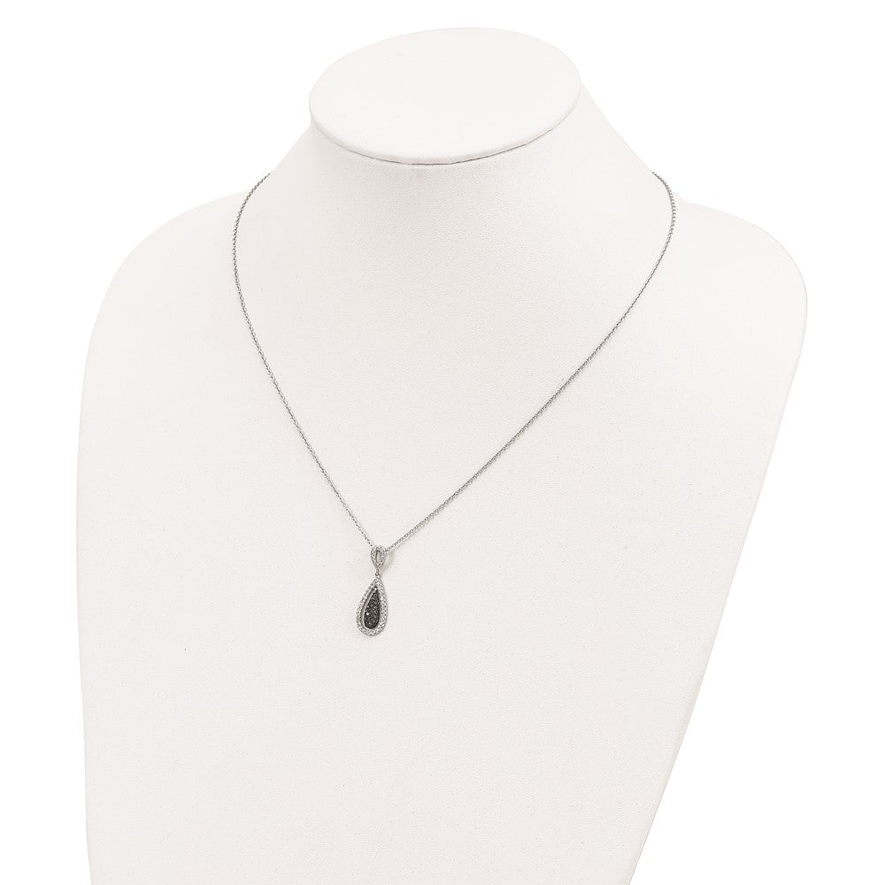 White Night Sterling Silver Rhodium-plated Black and White Diamond Double Teardrop 18 Inch Necklace with 2 Inch Extender 18 Inches