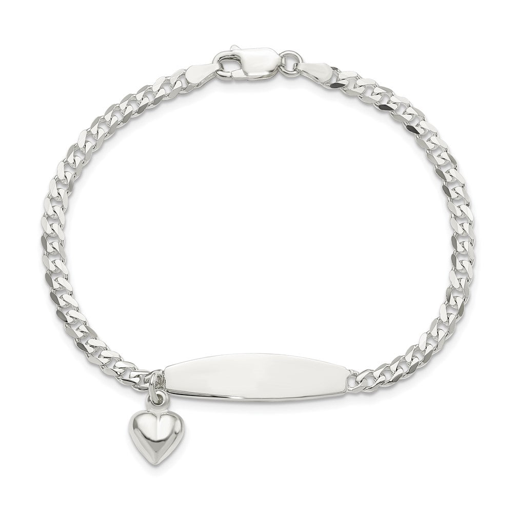 Sterling Silver Polished Curb Link ID Heart Dangle Bracelet 7.5 inches