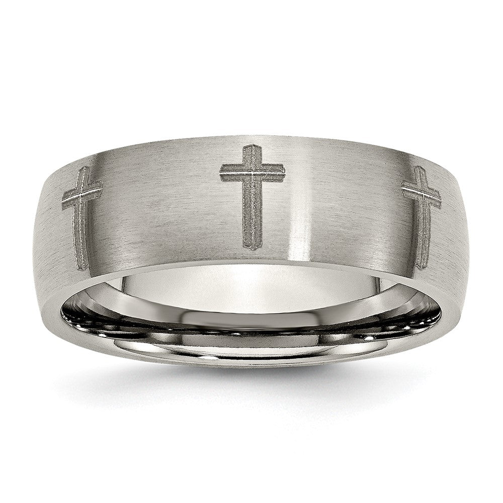 Titanium Brushed Cross Laser Design 8mm Band Size - 7