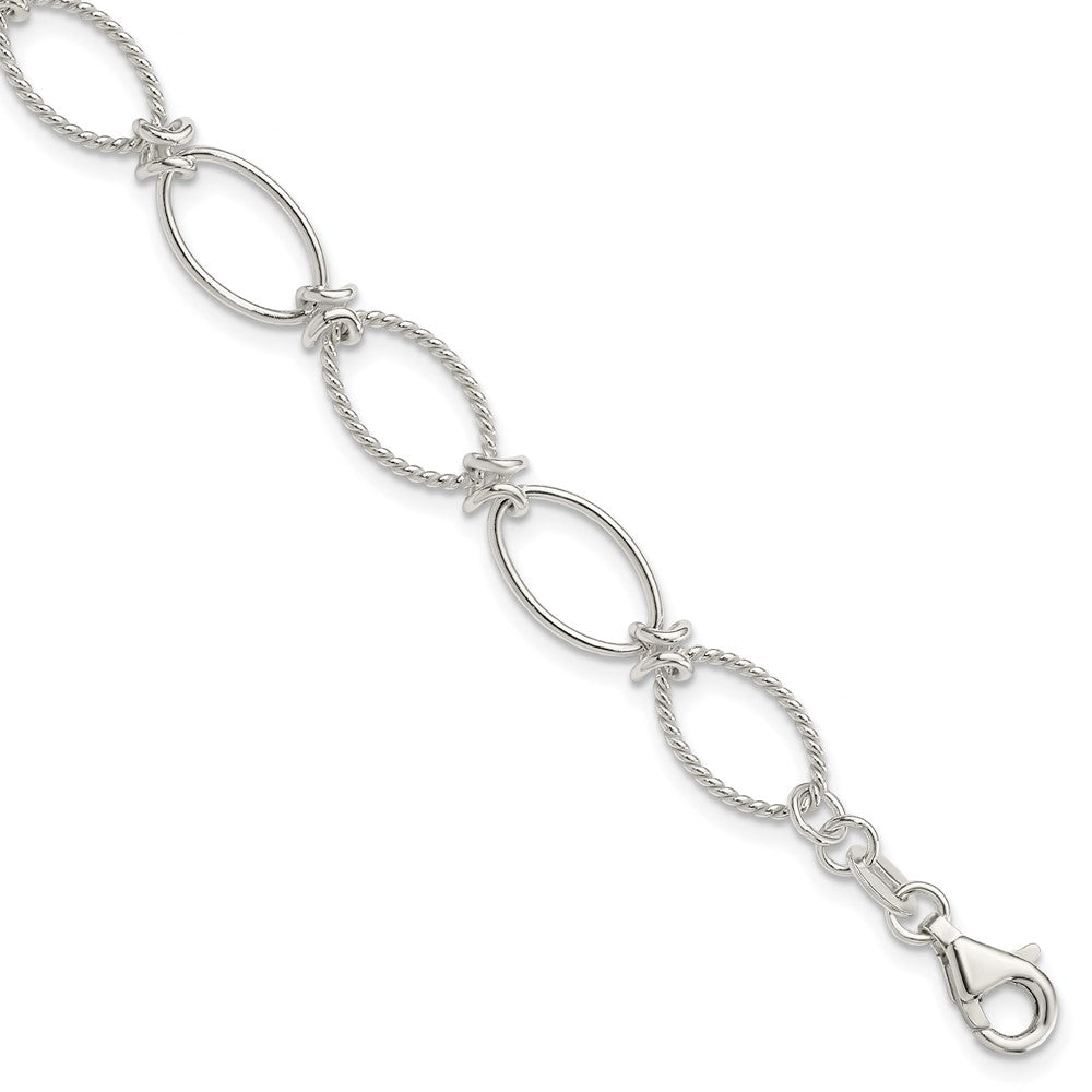 Sterling Silver Polished Textured Fancy Oval Link Bracelet 7.5 inches