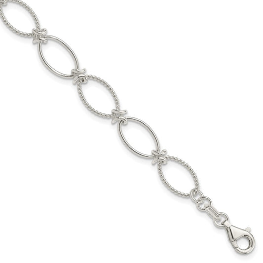 Sterling Silver Polished Textured Fancy Oval Link Bracelet 7.5 inches
