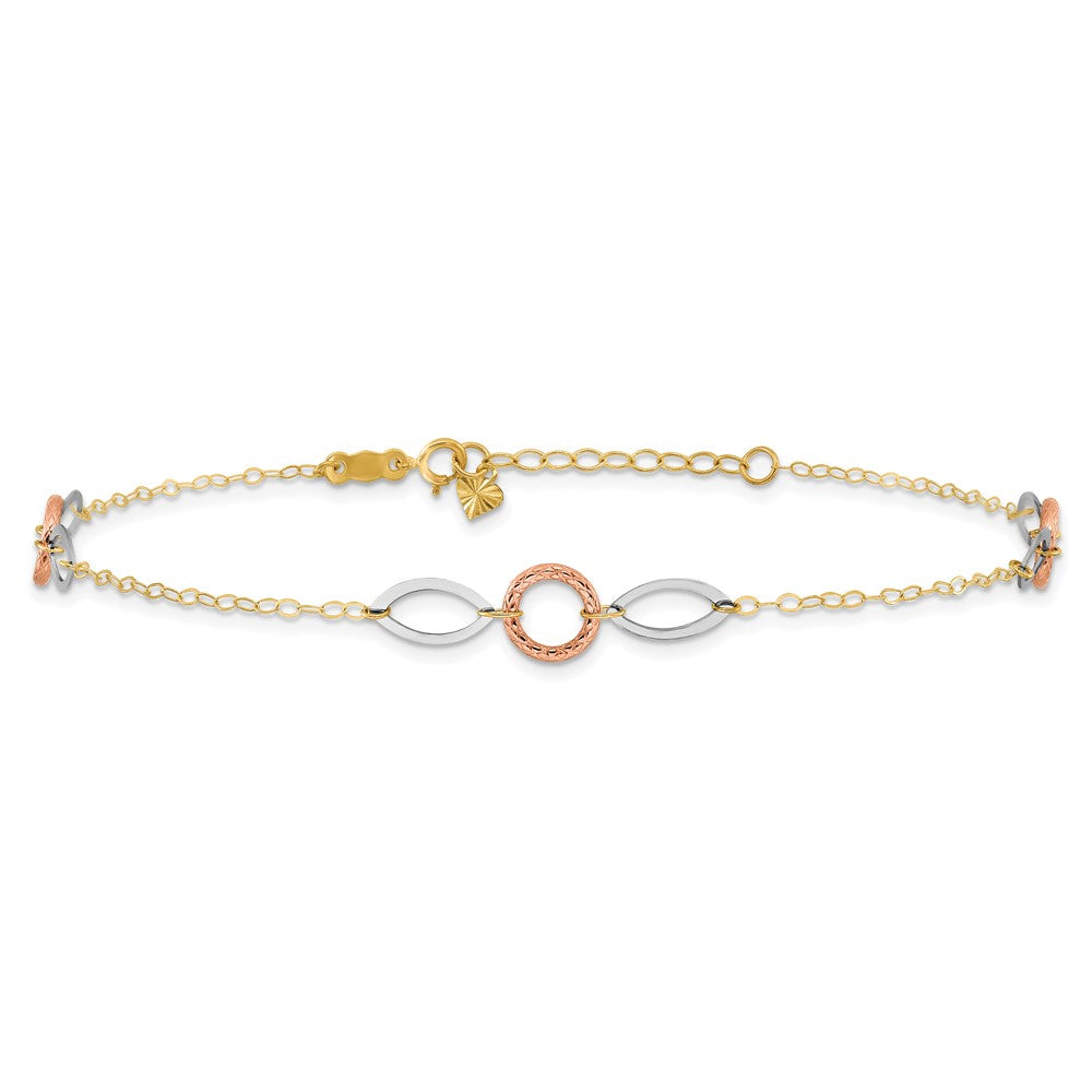 14k Tri-color Circle and Oval 9in Plus 1in ext. Anklet 10 inches
