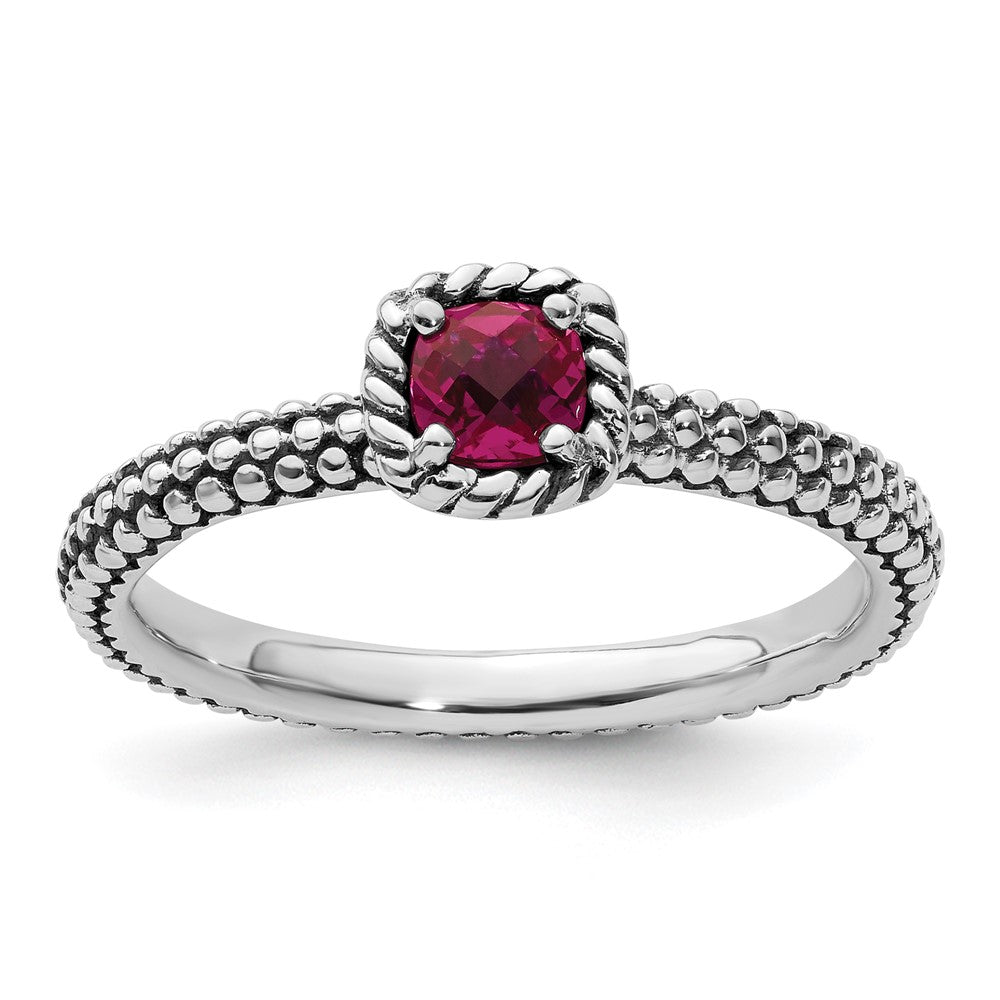 Sterling Silver Stackable Expressions Checker-cut Cr Ruby Antiqued Ring Size -8
