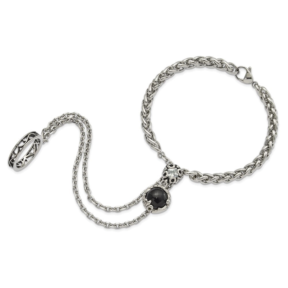 Stainless Steel Polished & Antiqued Crystal & Glass Fleur de Lis Connected Ring Bracelet
