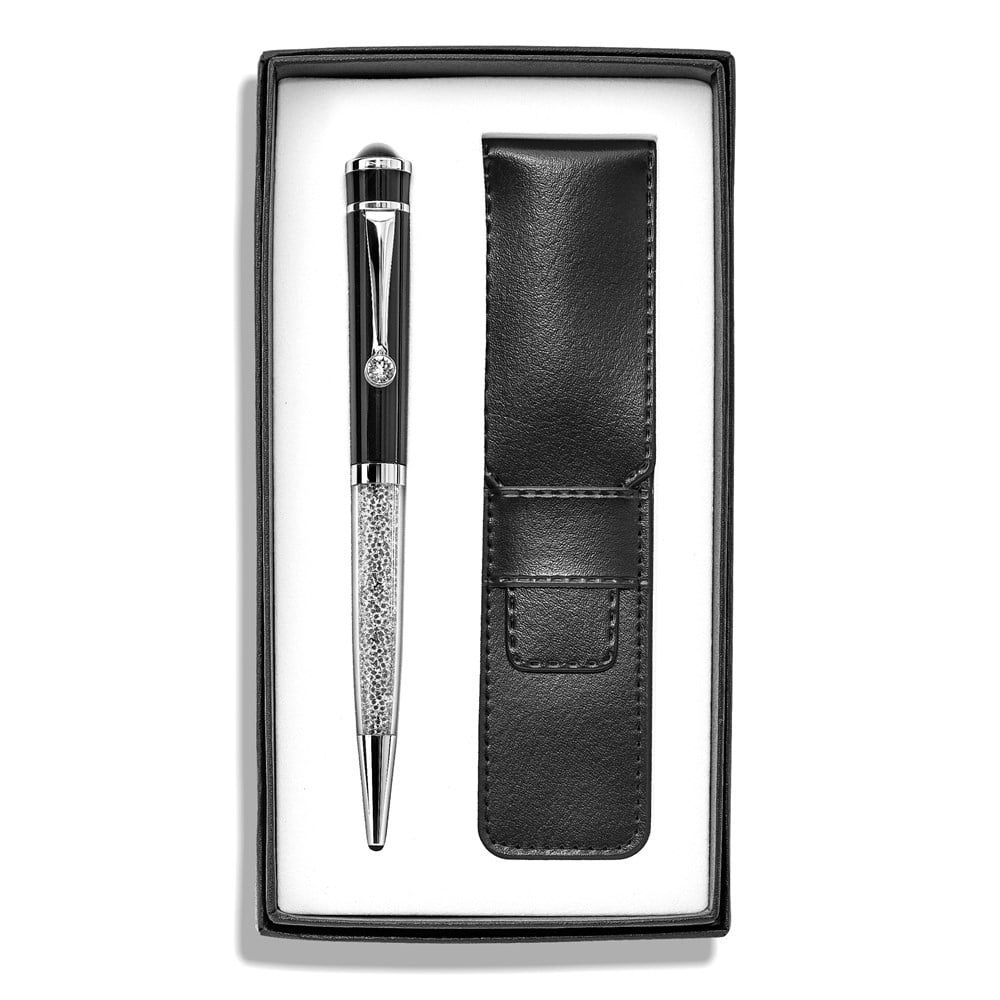 Luxury Giftware Black Crystal Filled Ballpoint Pen with Matching Vinyl Pouch Set QJBP111B