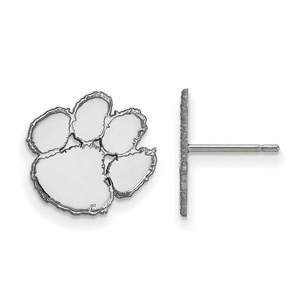 Sterling Silver Rhodium-plated LogoArt Clemson University Tiger Paw Small Post Earrings Q-SS009CU