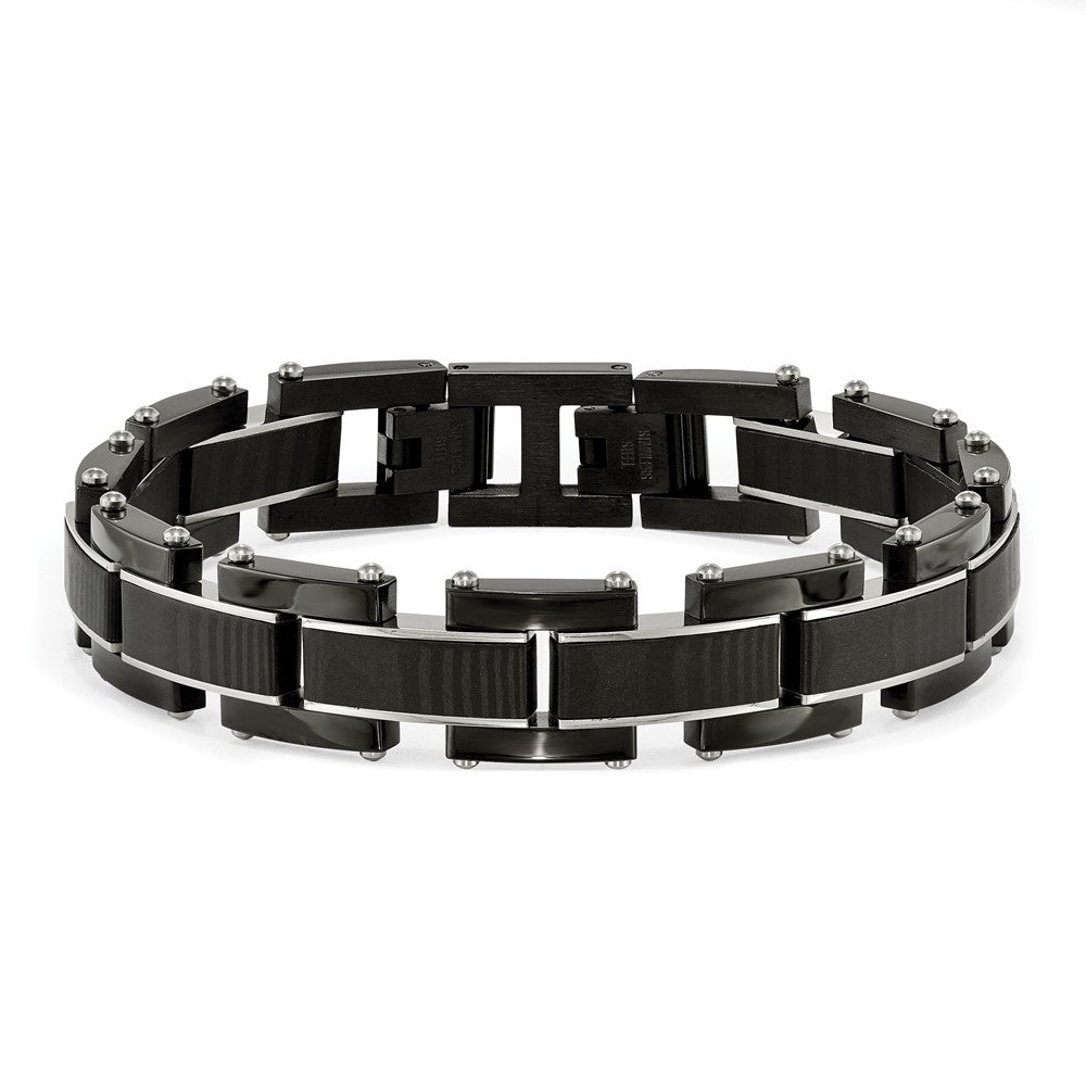 Stainless Steel Polished Black IP w/Solid Carbon Fiber Inlay 8.5in Bracelet