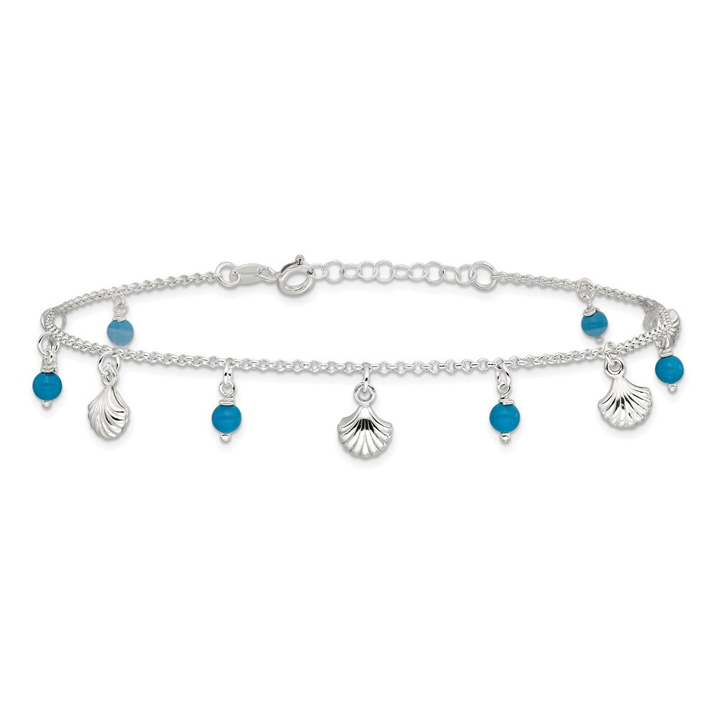 Sterling Silver Polished Shell and Turquoise 9in Plus 1in Ext. Anklet 9 inches