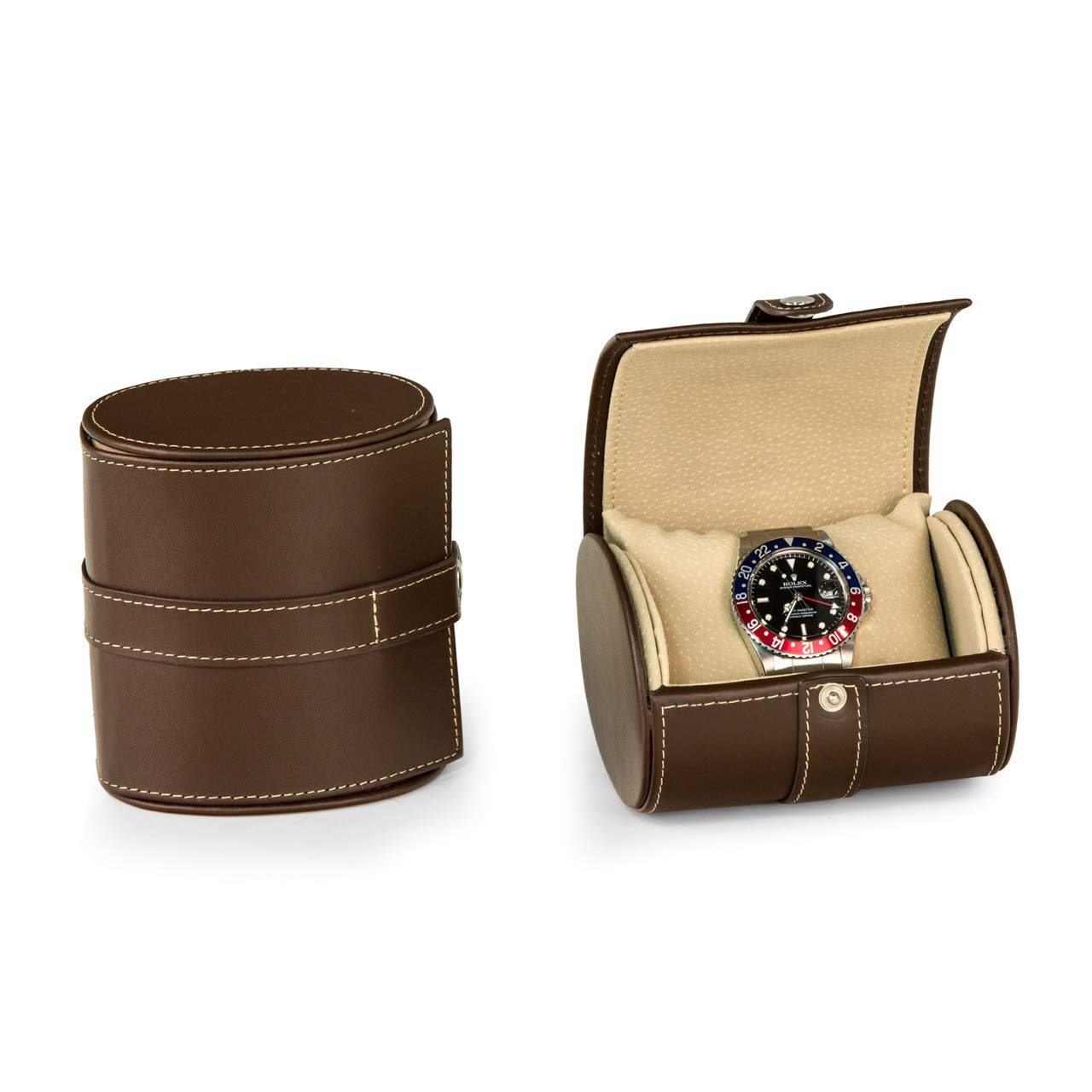 Brown Leather Single Watch Travel Case with Snap Closure