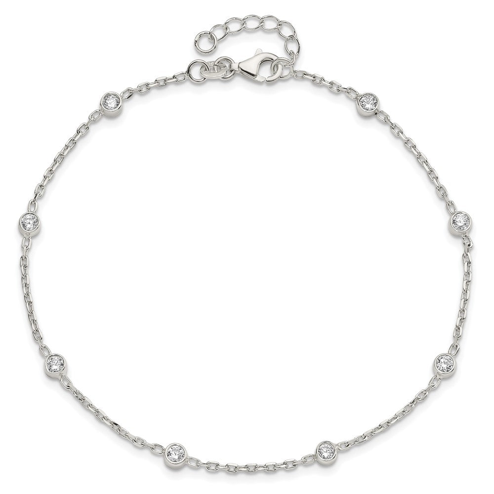 Sterling Silver Polished w/CZ 9 inch Plus1 inch Ext. Anklet 9 inches