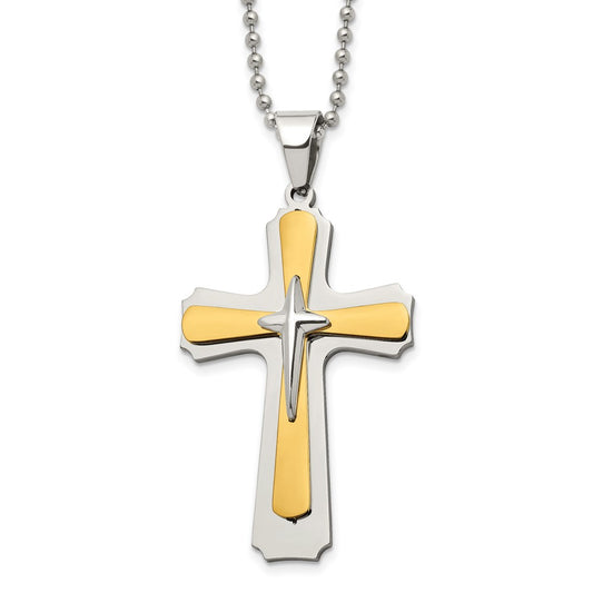 Stainless Steel Polished Yellow IP-plated Cross 22in Necklace