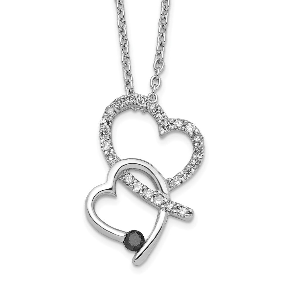 White Night Sterling Silver Rhodium-plated Black and White Diamond Double Heart 18 Inch Necklace with 2 Inch Extender 18 Inches