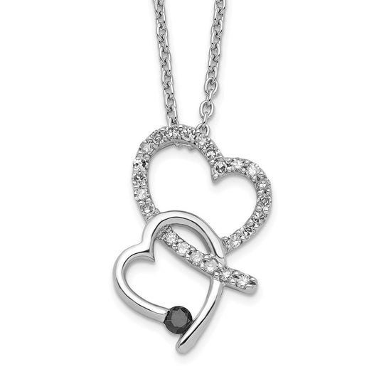 White Night Sterling Silver Rhodium-plated Black and White Diamond Double Heart 18 Inch Necklace with 2 Inch Extender 18 Inches