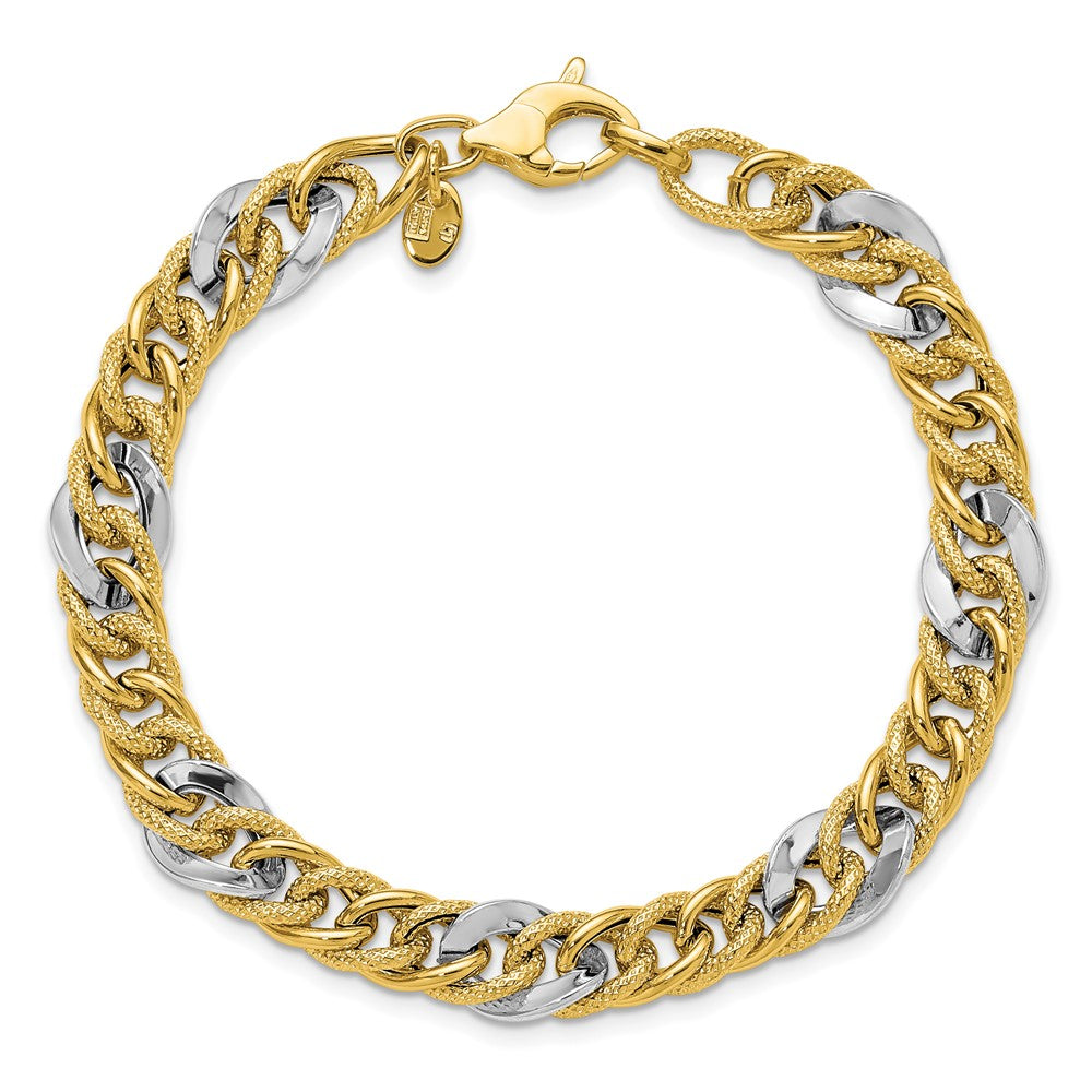14K Two-tone Polished and Textured Fancy Link Bracelet 7.5  inches