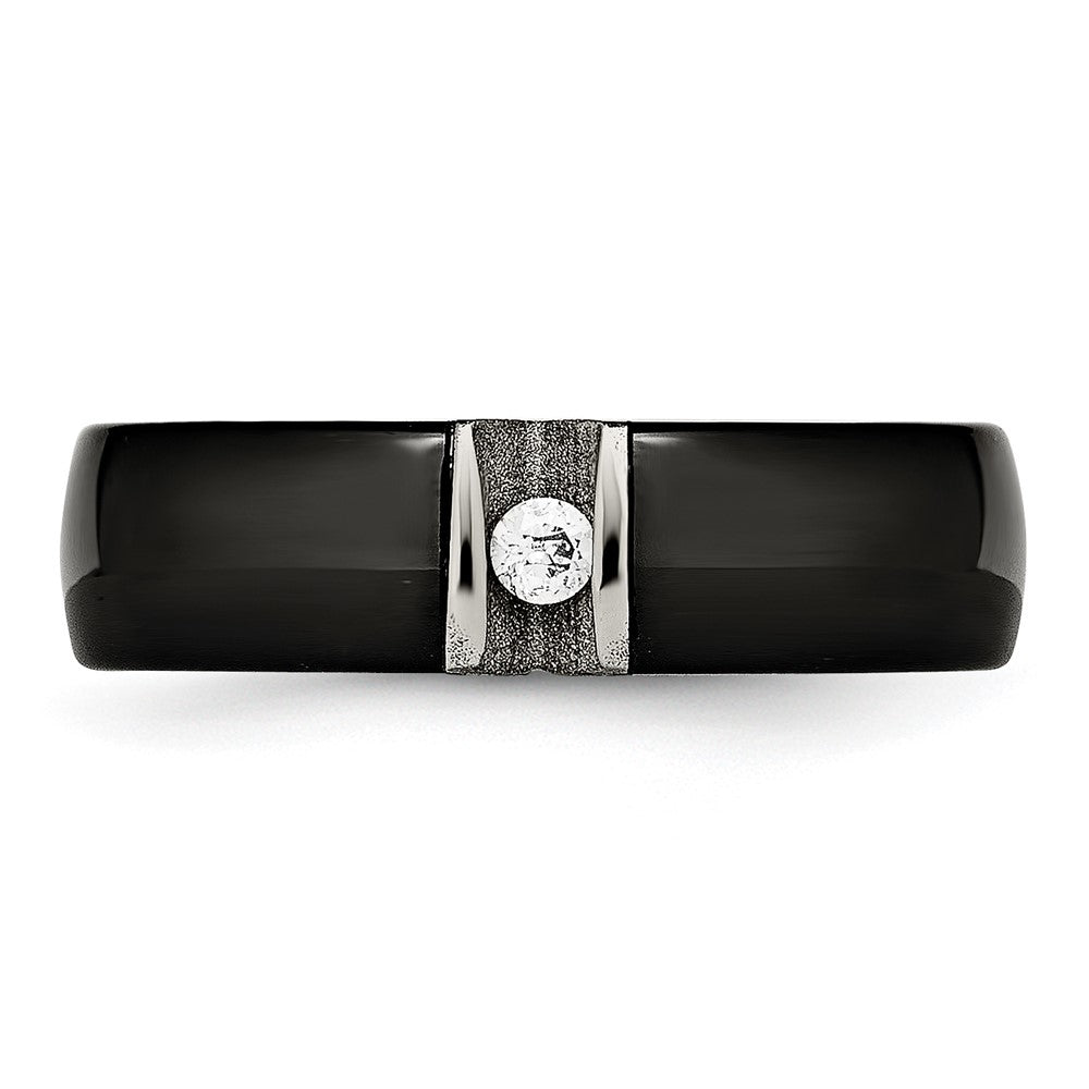 Stainless Steel Polished & Laser Cut Black Ceramic CZ Ring Size - 6