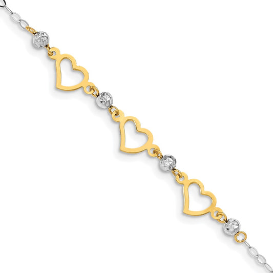 14K Two-tone Oval Link Diamond Cut Beads and Heart Bracelet 6  inches