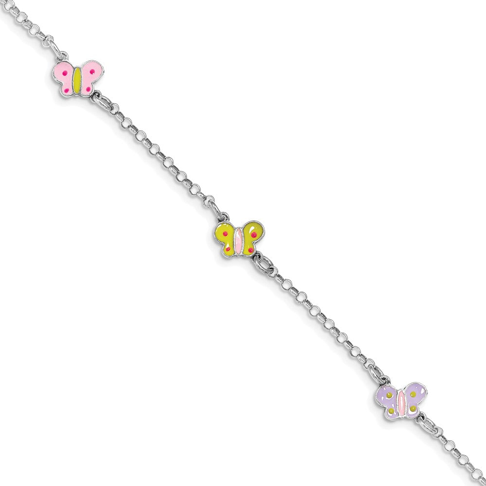 Sterling Silver Rhodium-plated Polished Multi-color Enameled Butterflies Children's Bracelet 7 inches