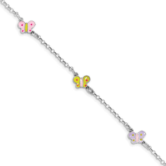 Sterling Silver Rhodium-plated Polished Multi-color Enameled Butterflies Children's Bracelet 7 inches