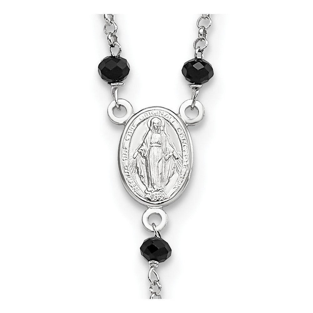 Sterling Silver Rhodium-plated Black Beaded Rosary w/1.25in .ext Necklace 19 Inches