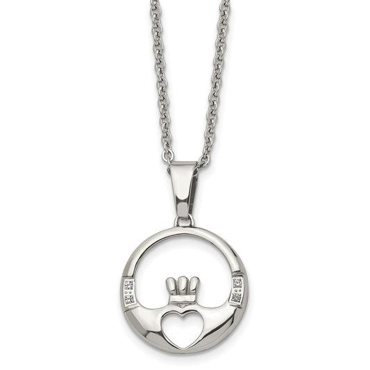 Stainless Steel Polished w/CZ Claddagh 20in Necklace