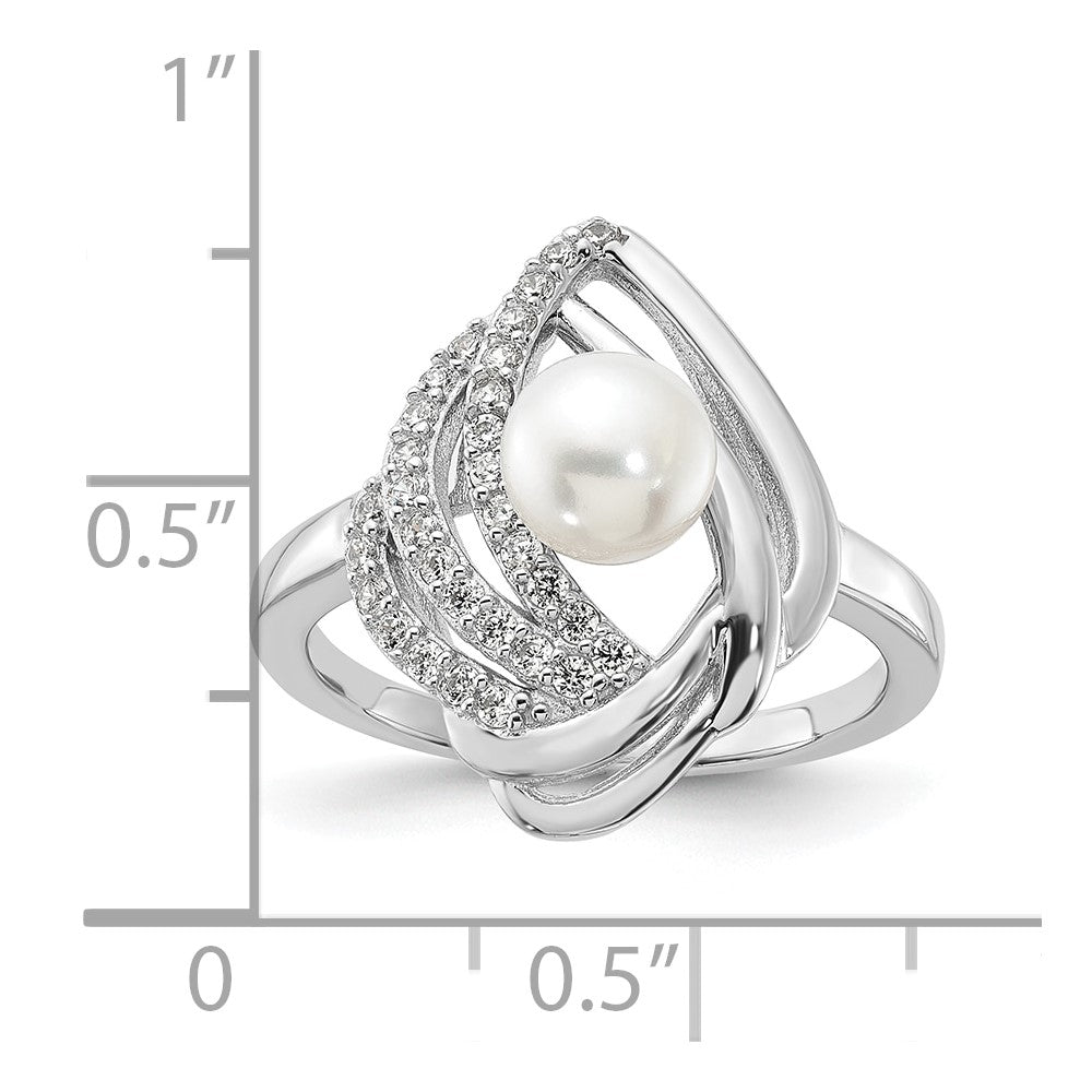 Cheryl M Sterling Silver Rhodium-plated Freshwater Cultured Pearl and Brilliant-cut CZ Fancy Teardrop Design Ring