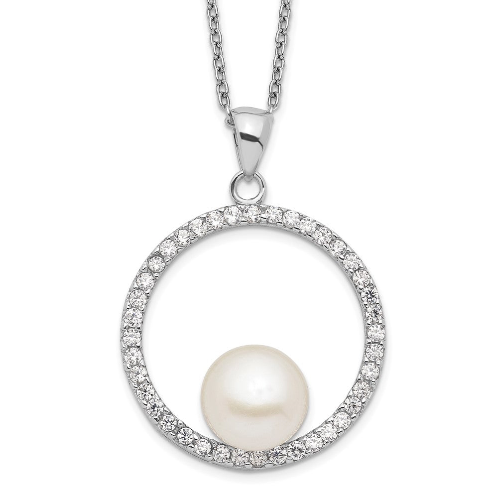 Sterling Silver Rhodium-plated 8-9mm White Button Freshwater Cultured Pearl and CZ 17 inch Necklace 17 Inches