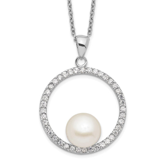 Sterling Silver Rhodium-plated 8-9mm White Button Freshwater Cultured Pearl and CZ 17 inch Necklace 17 Inches