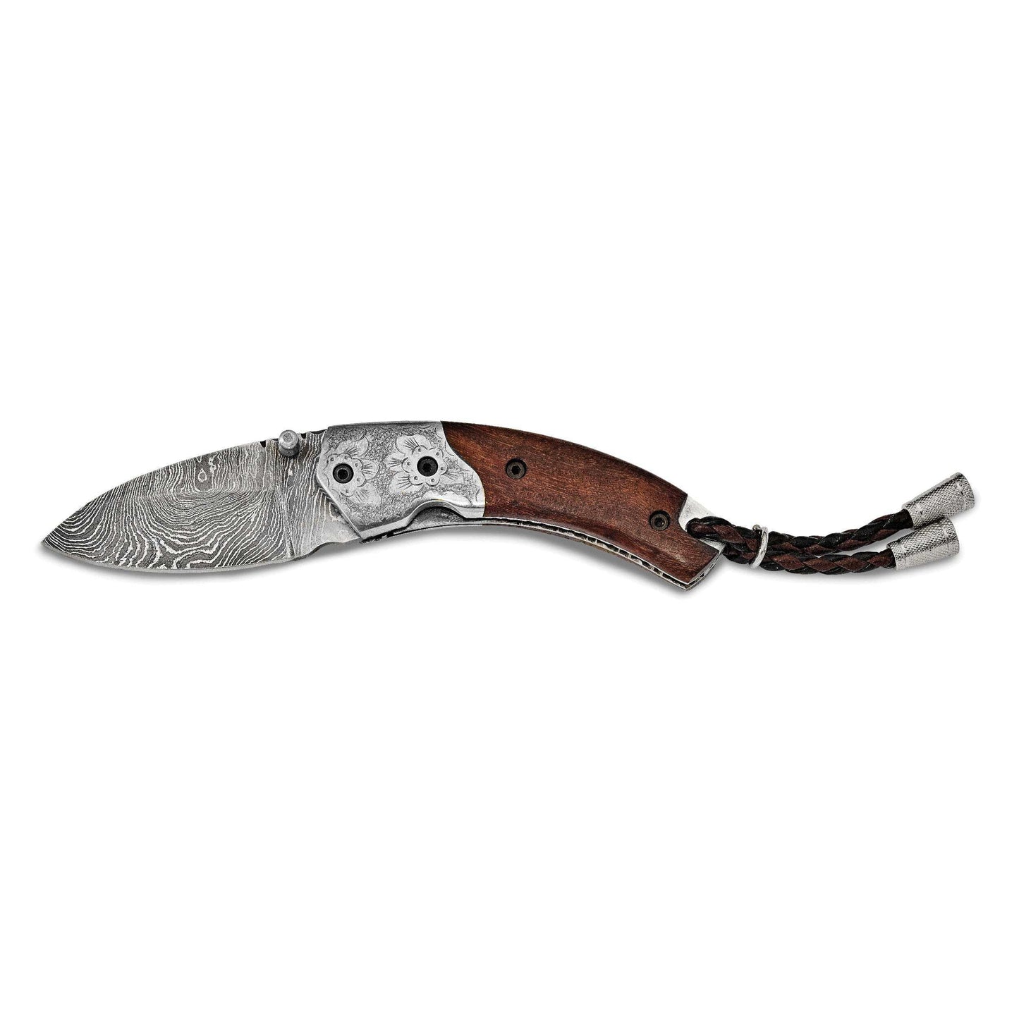 Luxury Giftware Damascus Steel 256 Layer Folding Blade Steel Guard Tali Wood Handle Knife with Leather Sheath and Wooden Gift Box QKN31440