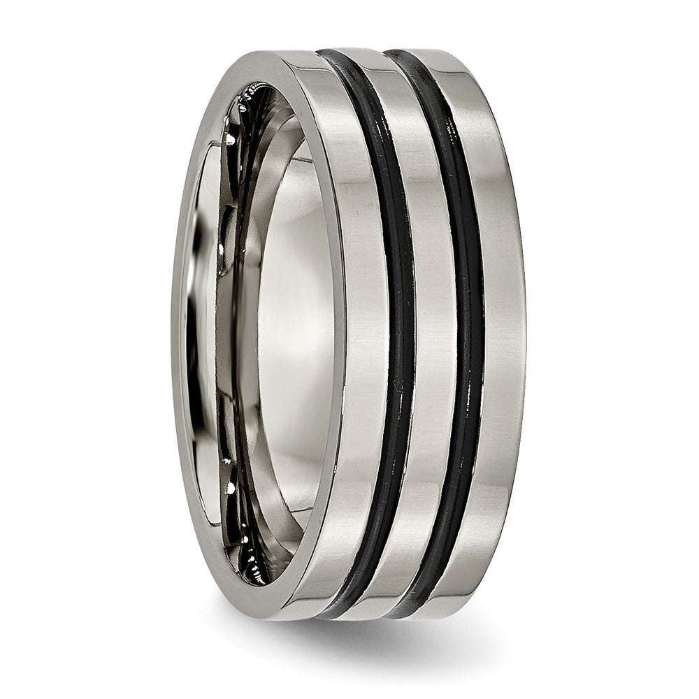 Titanium Polished Black Enamel Grooved 8mm Flat Band Size - 12