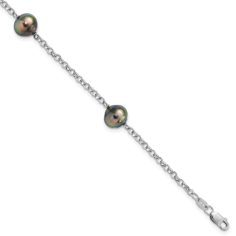 Sterling Silver Rhodium-plated 8-9mm Black Baroque Tahitian Saltwater Cultured Pearl 3-Station 7.5 inch Bracelet 7.5 inches
