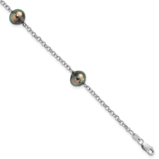 Sterling Silver Rhodium-plated 8-9mm Black Baroque Tahitian Saltwater Cultured Pearl 3-Station 7.5 inch Bracelet 7.5 inches