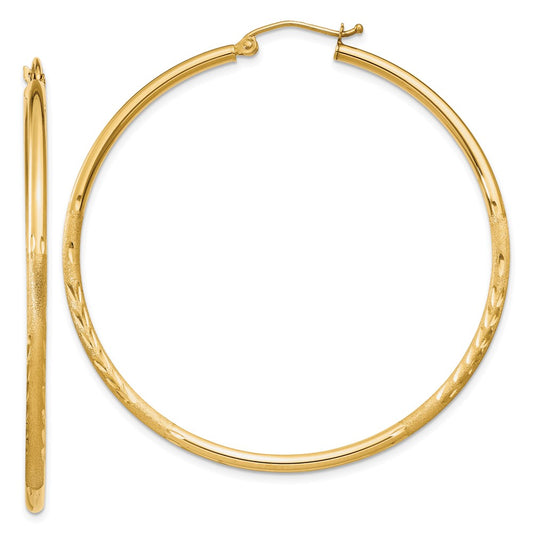 10k Satin and Diamond-cut 2mm Round Tube Hoop Earrings
