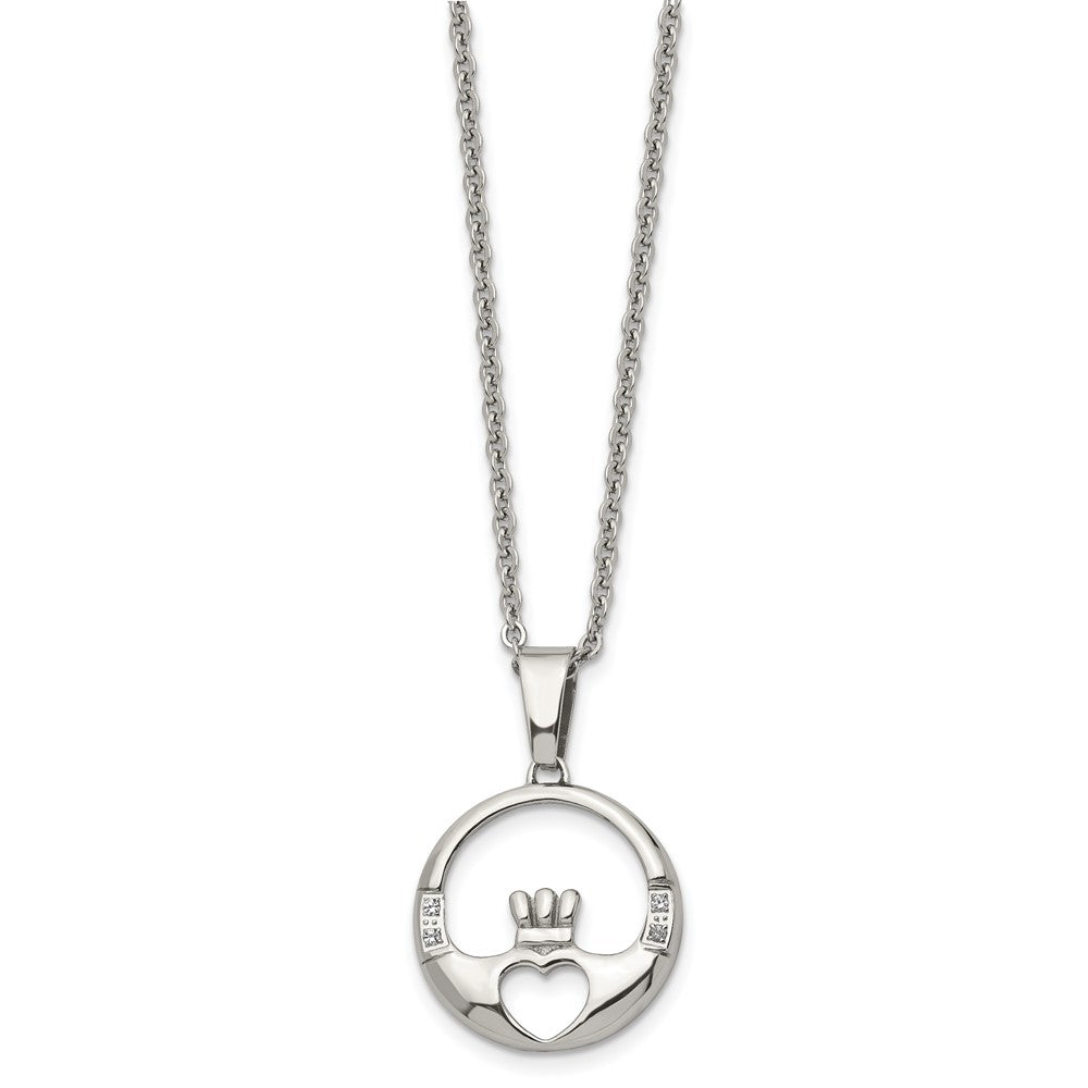 Stainless Steel Polished w/CZ Claddagh 20in Necklace
