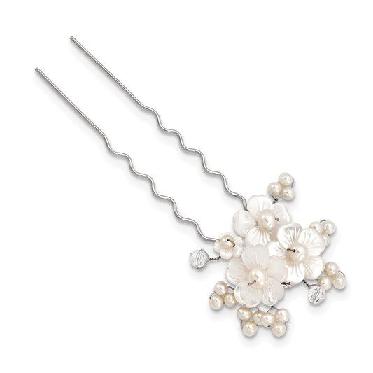 White Freshwater Cultured Pearl Clear Crystals and Mother of Pearl Floral Ornate Hair Pin