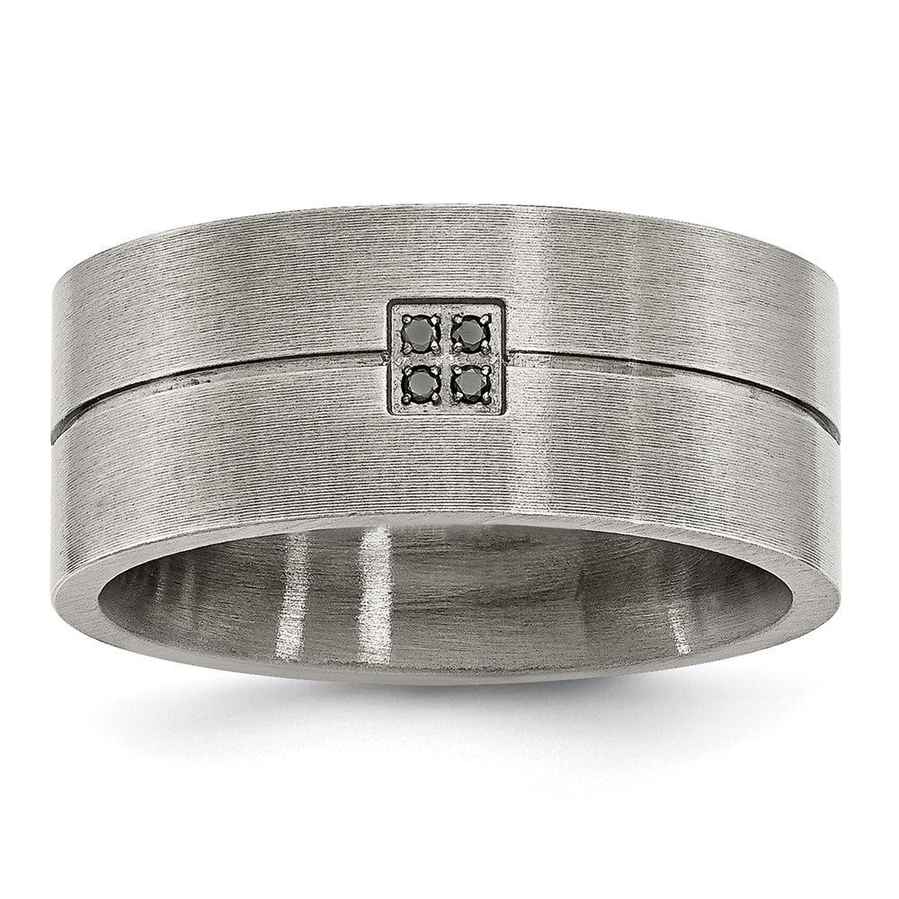 Stainless Steel Antiqued and Brushed .03ct Black Diamond 10mm Flat Band Size - 9.5