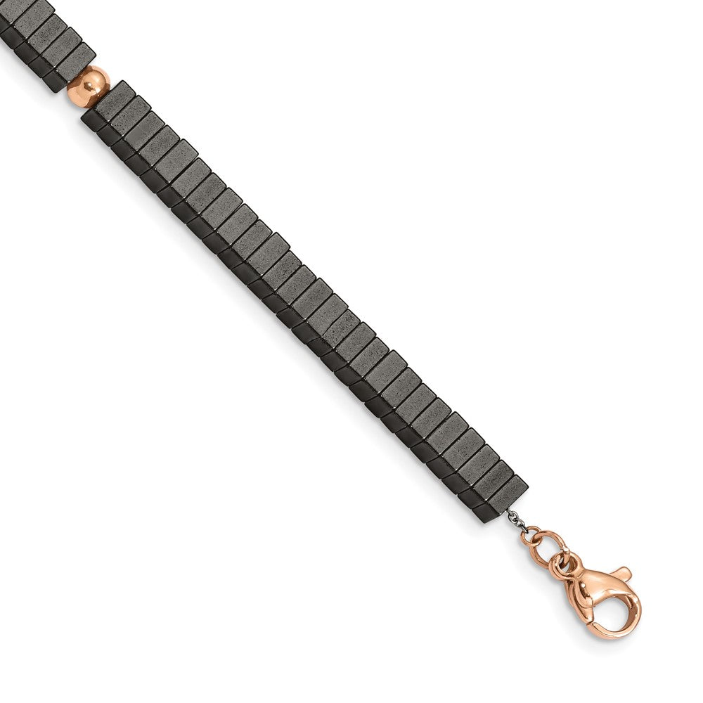 Stainless Steel Polished Rose IP w/Hematite 7in w/1.25in ext. Bracelet 7 inches